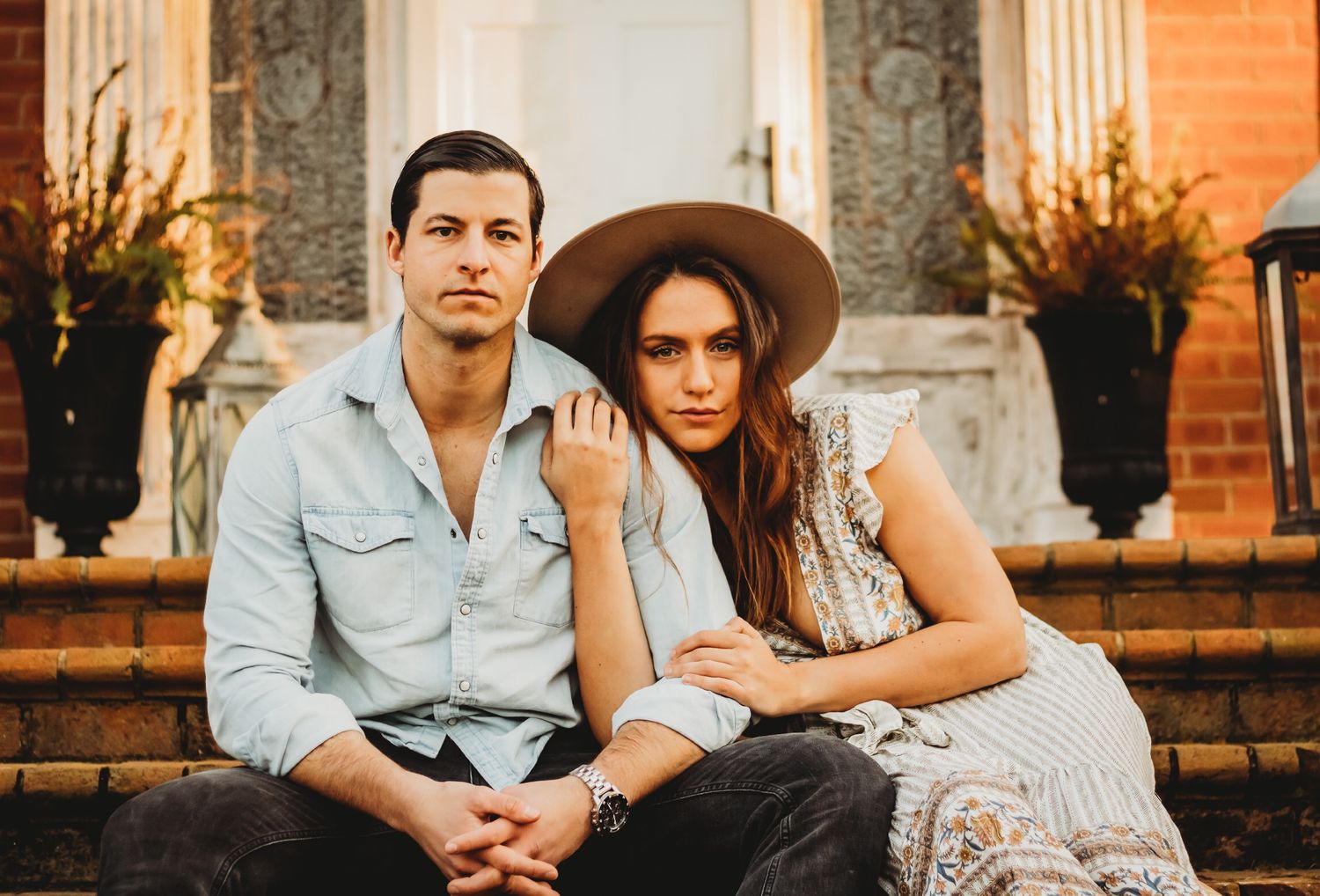 Beautiful couple in hat during romantic photography session in New Haven, CT