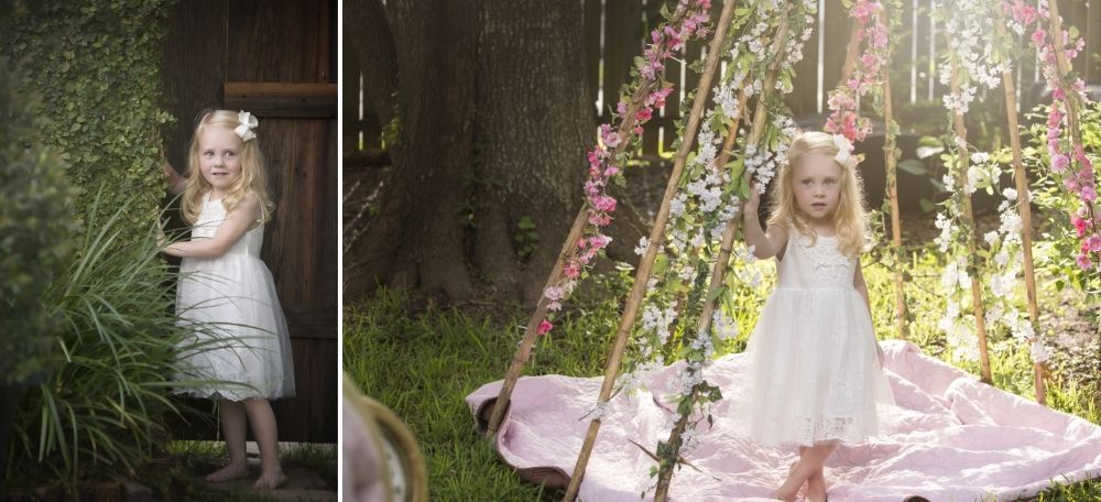 Dreamy garden portraits with white dress amid flowers and natural light.