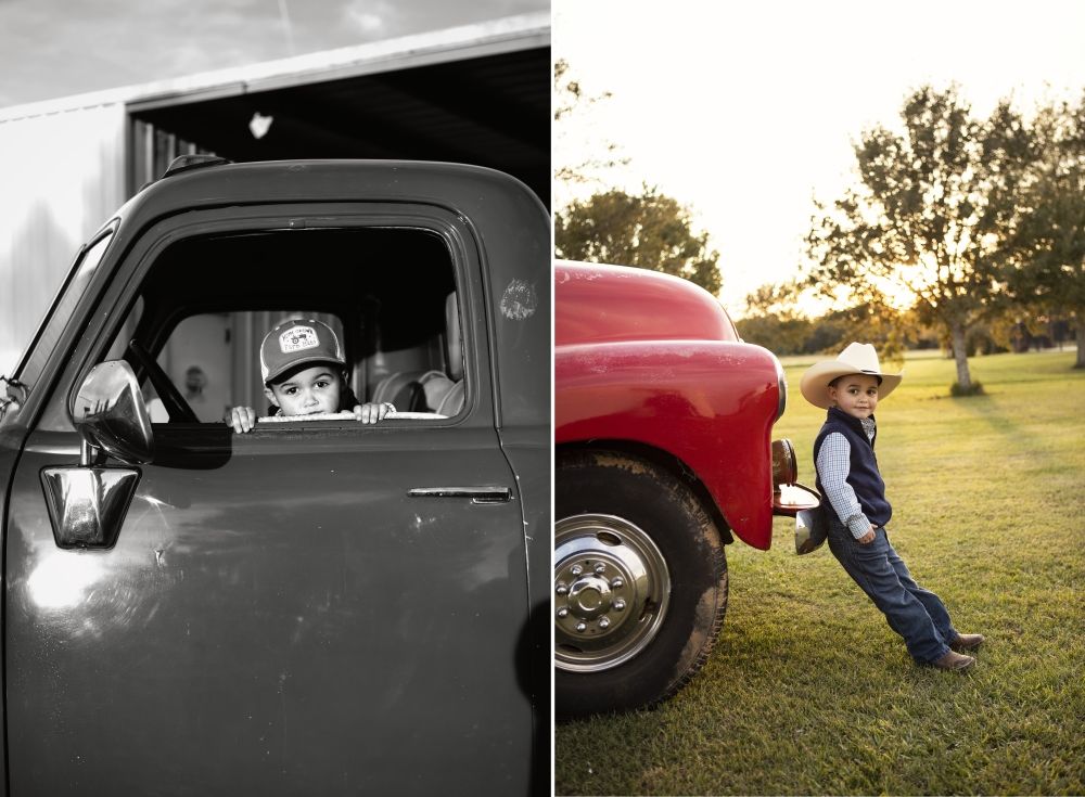 Creative diptych contrasting vintage truck with modern countryside scene.