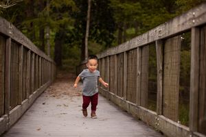 A small child runs along a wooden bridge pathway through the forest.