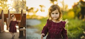 Two-photo collage of child in burgundy dress near wooden fence.