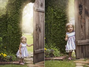 Two-photo set of child in dress peeking through rustic garden gate.