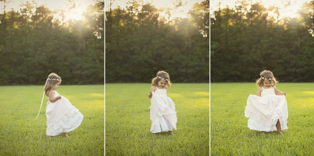 Three artistic photographs of a flowing white dress twirling in golden sunlit field at sunset.