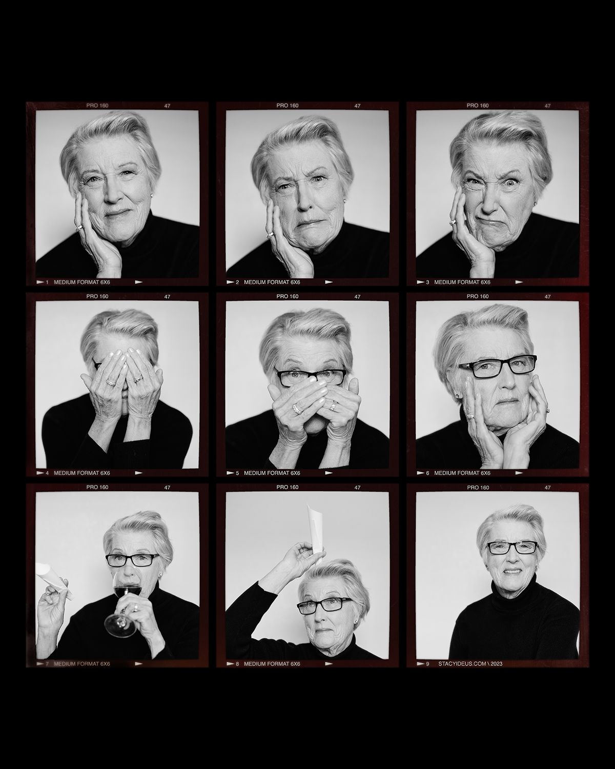 Contact sheet of black and white portraits showing various expressions and poses.