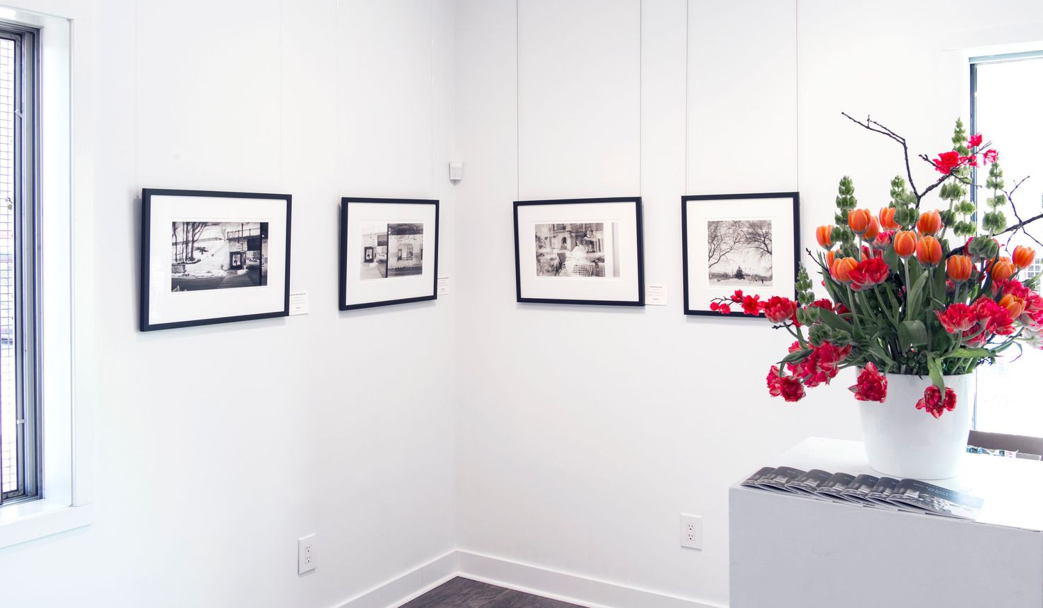 Gallery wall displaying black and white photographs with bright red floral arrangement on pedestal.