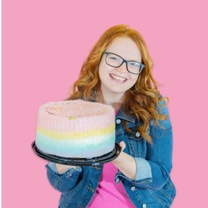 A pastel rainbow ombre cake is displayed against a pink background in a progression of decorating shots.