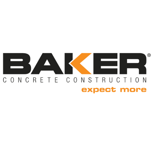 Baker Concrete Construction company logo in black and orange on dark background.
