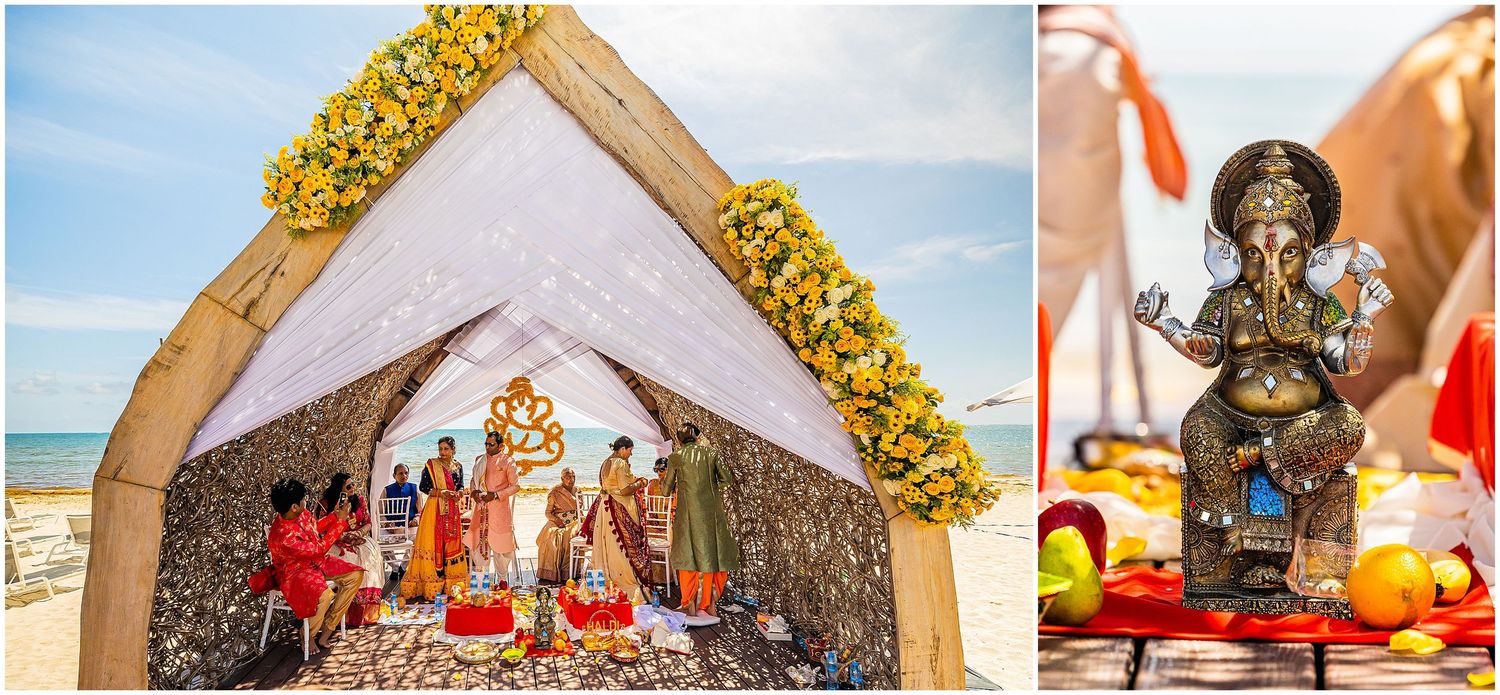 Traditional Indian wedding mandap decorated with yellow flowers and religious symbols.