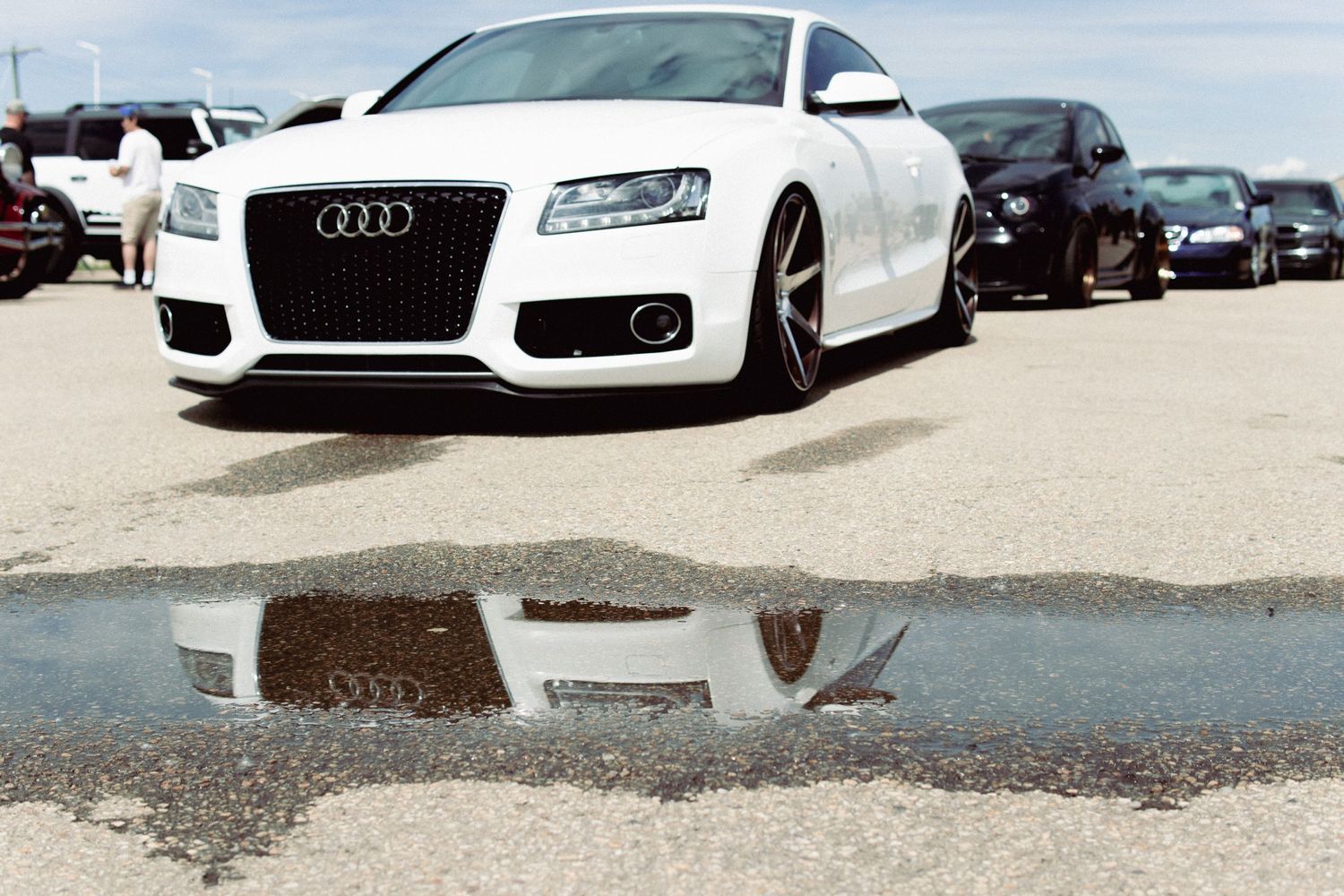 Modern white and black luxury Audi sports cars parked in a row.