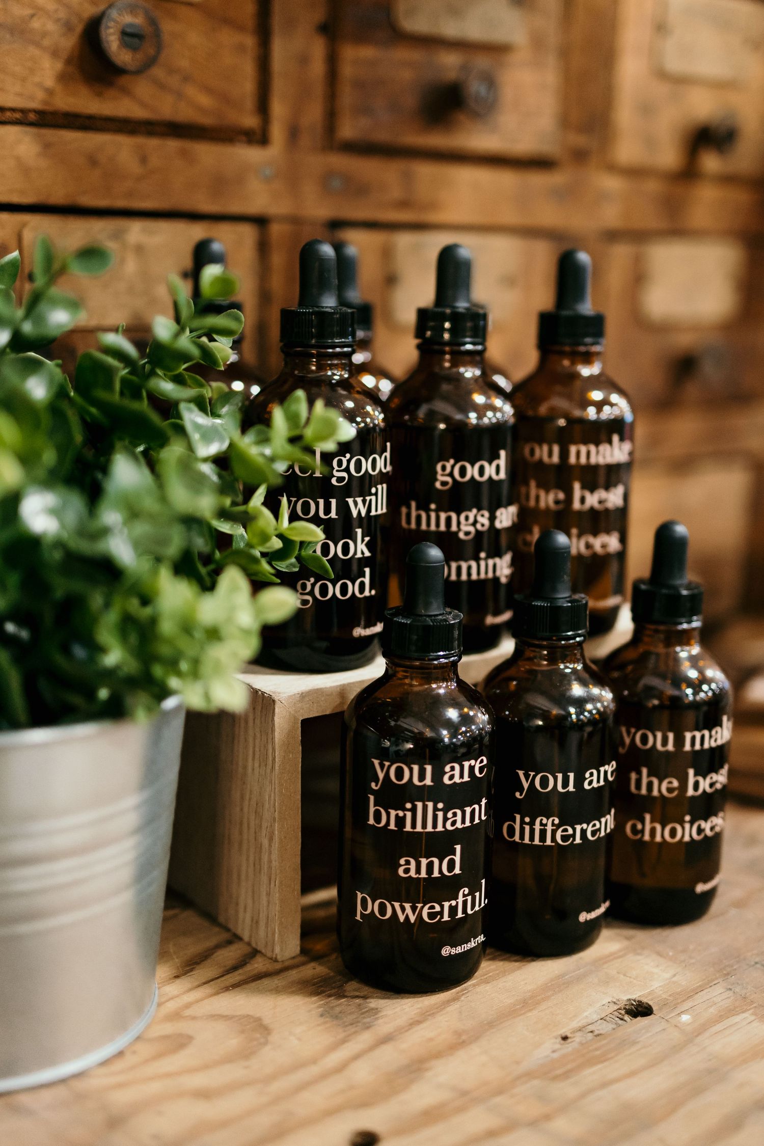 Dark glass bottles with inspirational text displayed alongside potted plants on wooden shelf.