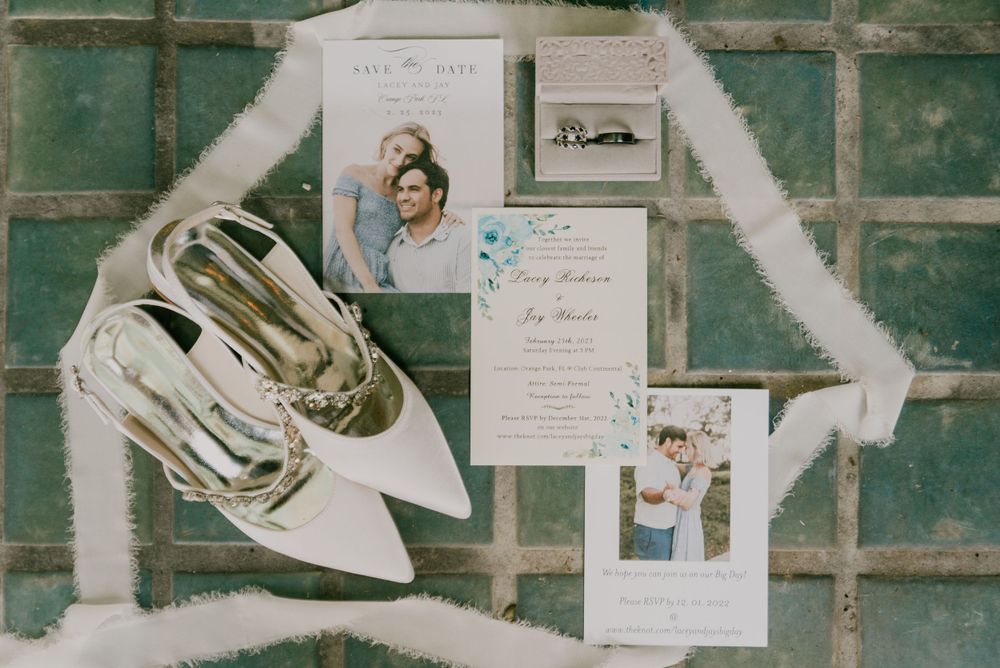 collection of wedding details, shoes, invitations for Jacksonville wedding