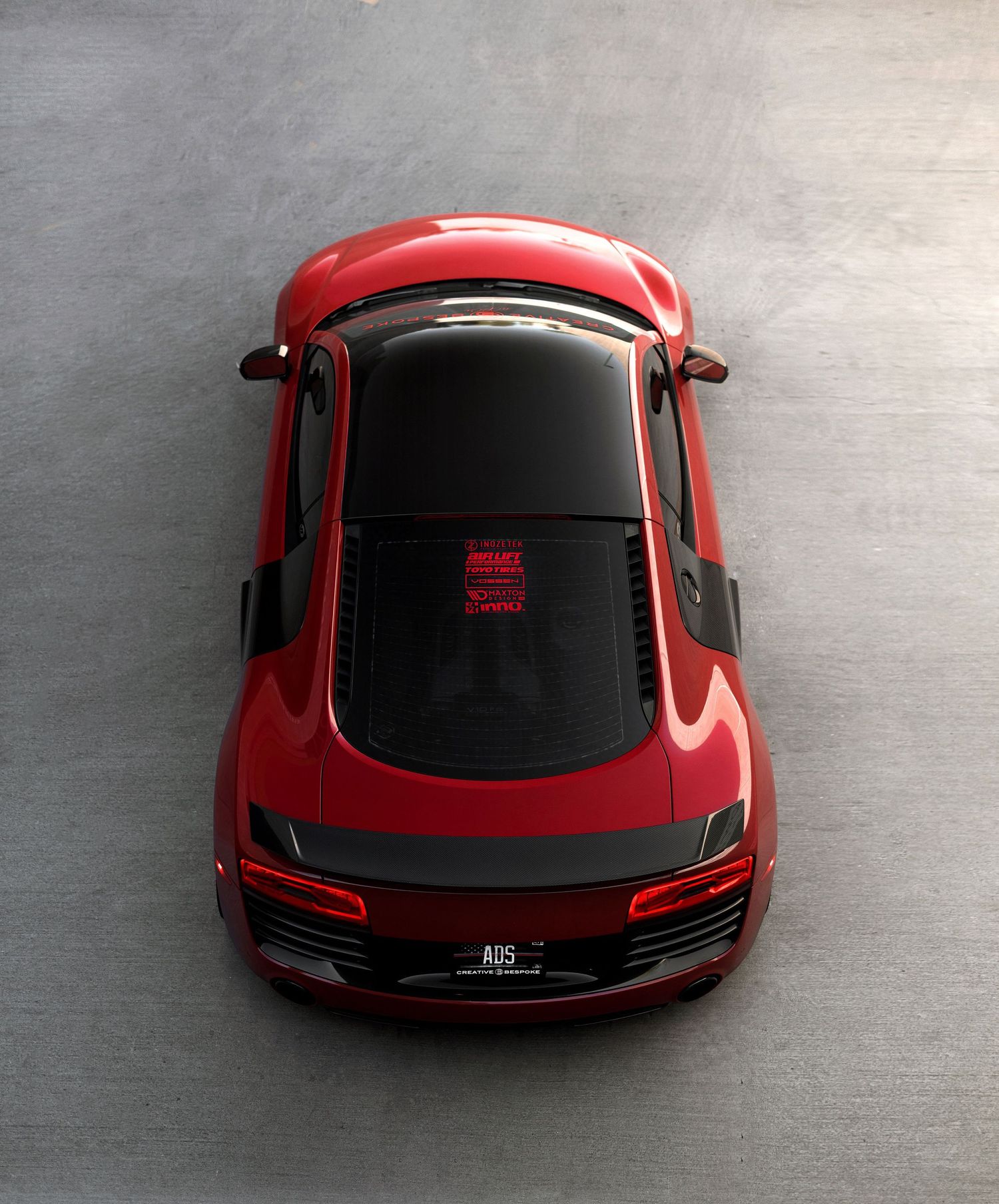 Aerial shot of Red Audi R8 Slammed