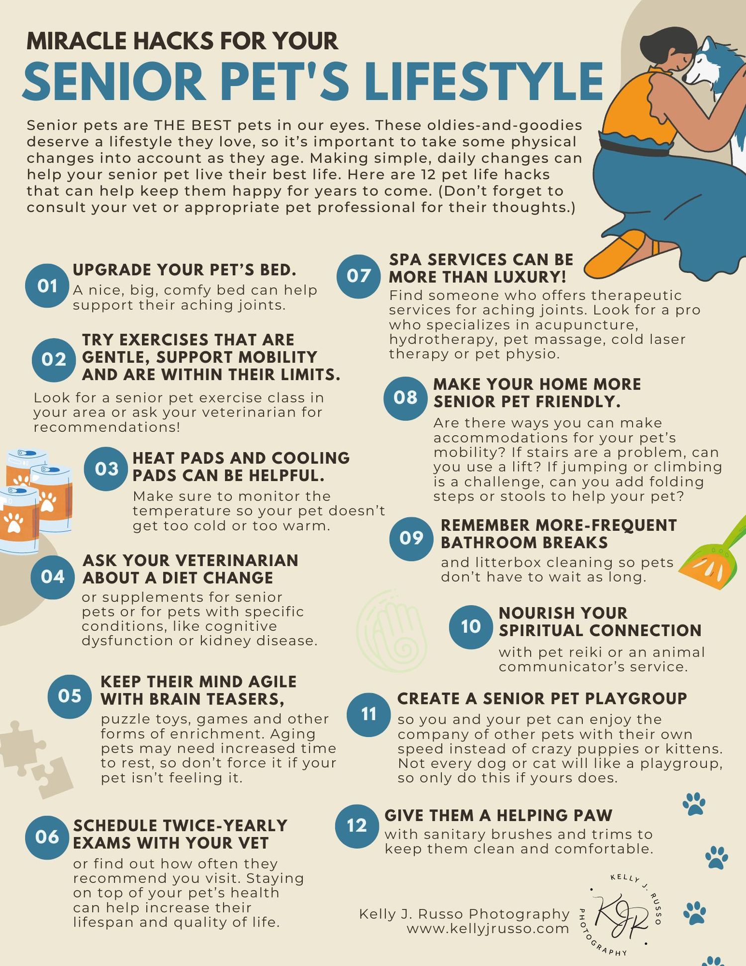 An infographic showing 12 lifestyle tips for senior pets with blue and white design.
