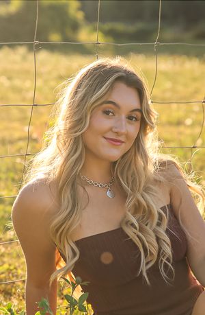 Cora Emilie Media A backlit portrait in a brown top against a wire fence at golden hour.