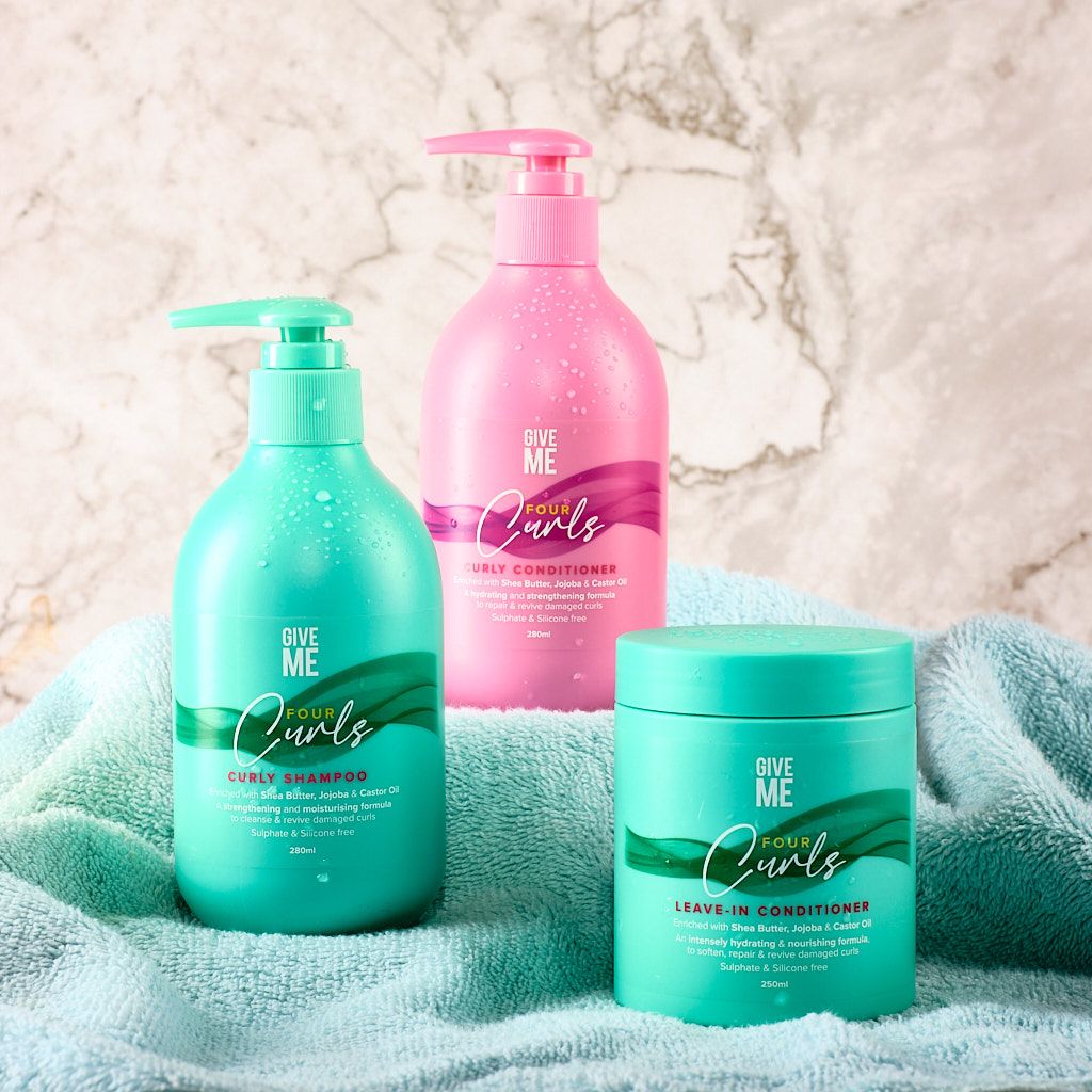 Give Me Four Curls shampoo, conditioner and leave-in conditioner e-commerce shot.