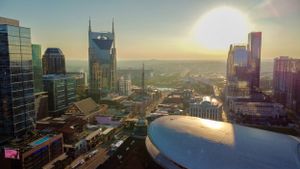 downtown Bridgestone Arena Nashville drone picture at sunrise