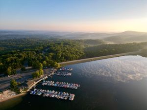 sunrise Crossville TN marina fog drone photograph