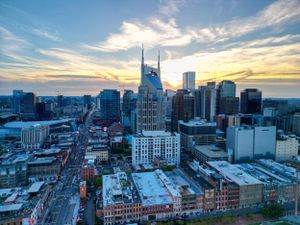 Downtown Nashville TN drone photograph sunset