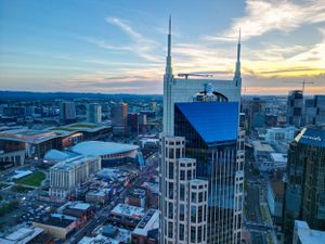 uplcose Batman Building sunset Nashville TN drone