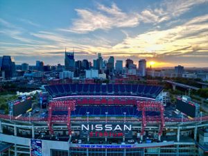 sunset drone photo over Titans Nissan Stadium Nashville TN