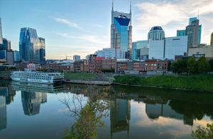 downtown Nashville reflection in Cumberland River drone photo