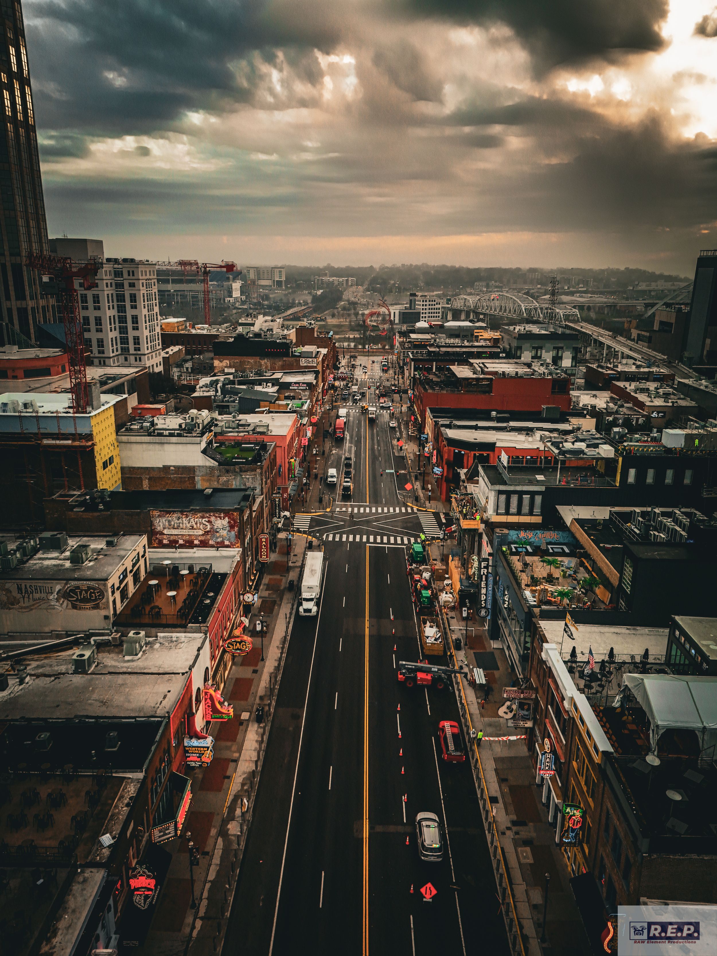early morning Broadway downtown Nashville TN drone picture