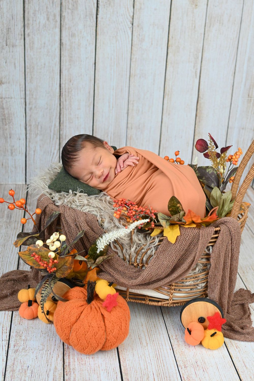 Sleeping newborn posed with fall decor including orange pumpkins, leaves and berries on wood backdrop.