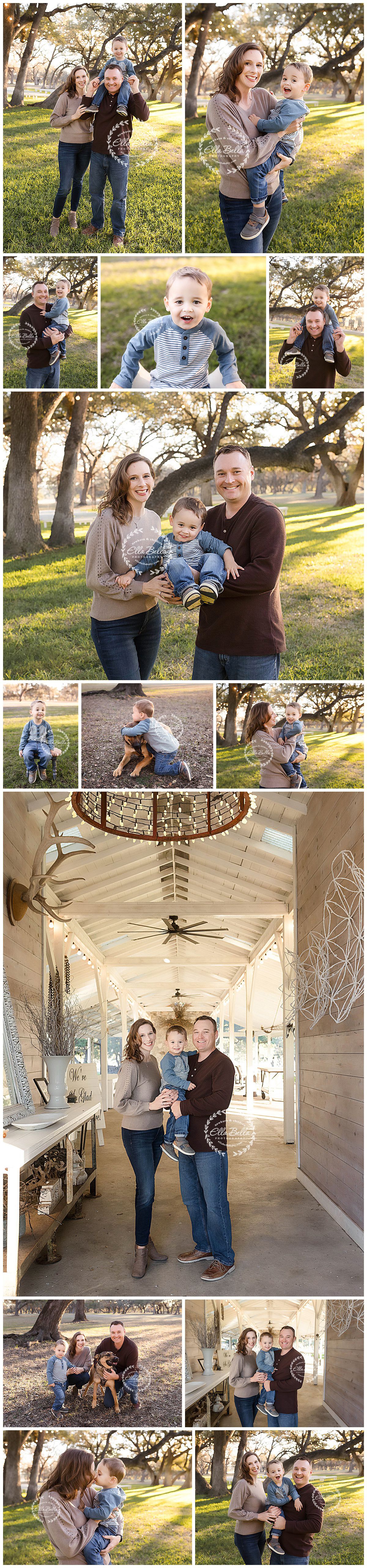 A collection of outdoor family photos taken in a sun-dappled park setting with trees and natural lighting.