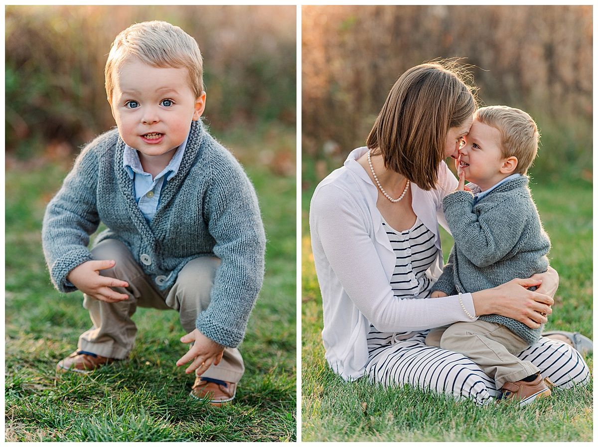 Sweet portrait of toddler boy with mom and boy playing in park during family photo session Starkey Zionsville