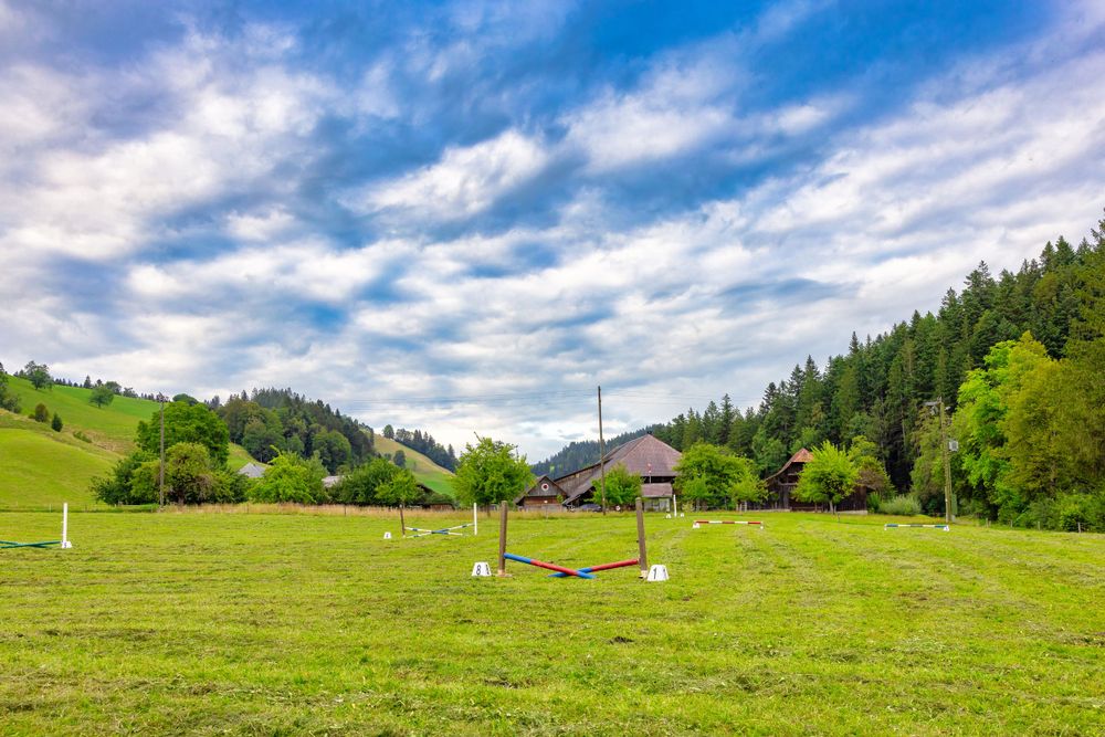 Scenic mountain landscape with green meadow and wooden gazebo under dramatic cloudy sky.