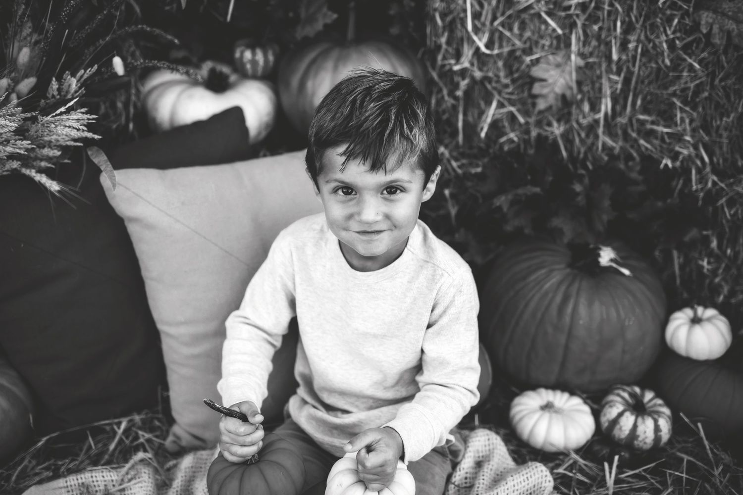 Black and white portrait in a pumpkin patch setting with gourds and hay bales.