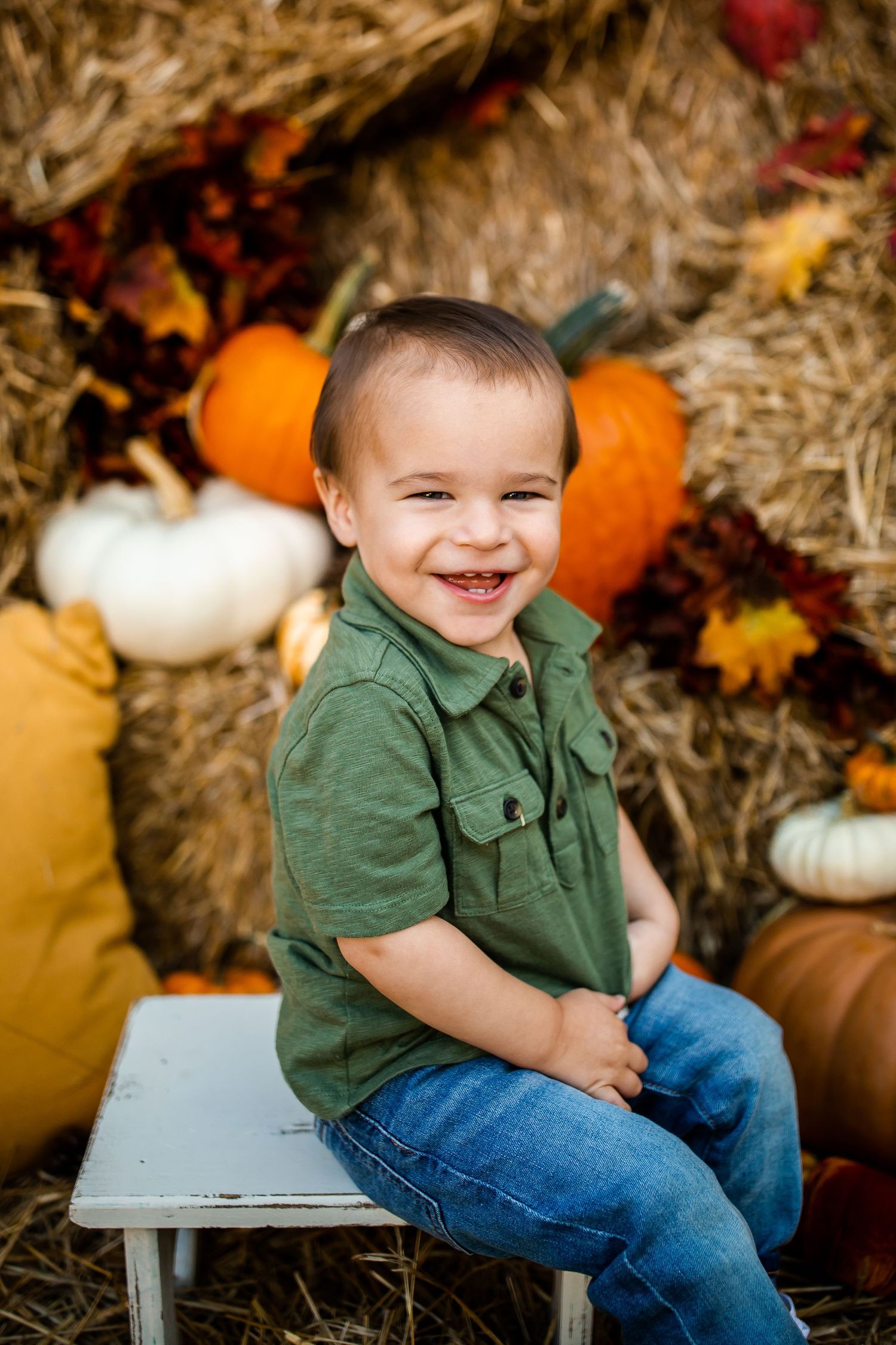 Autumn mini session with green shirt and jeans on wooden bench with pumpkins.