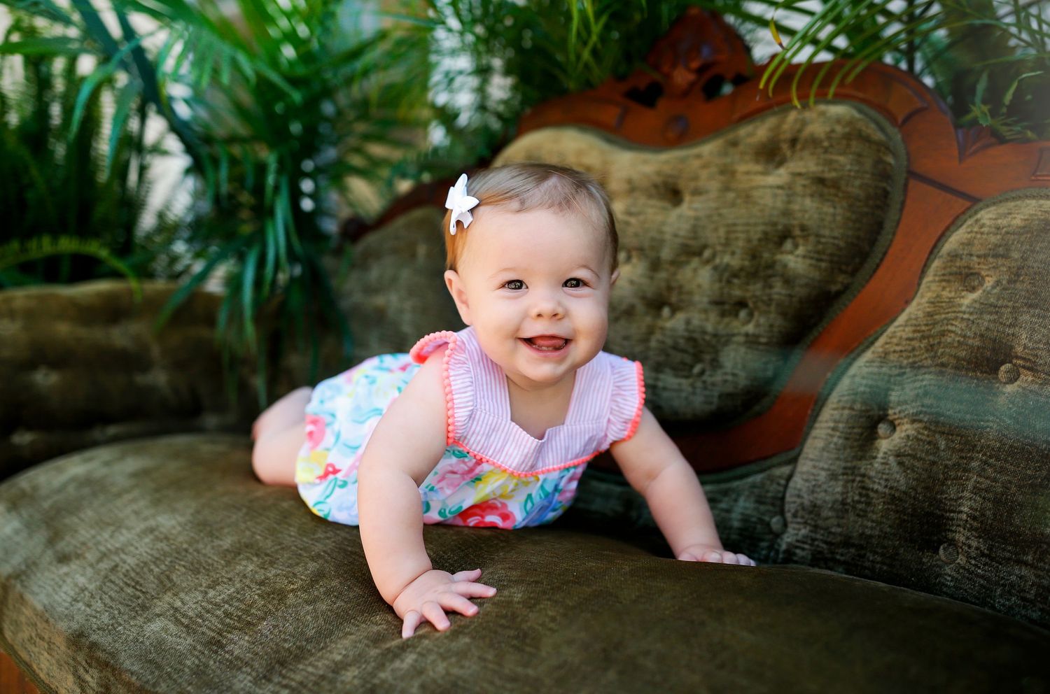 Series of candid moments captured on a textured stone bench with green plants in background.