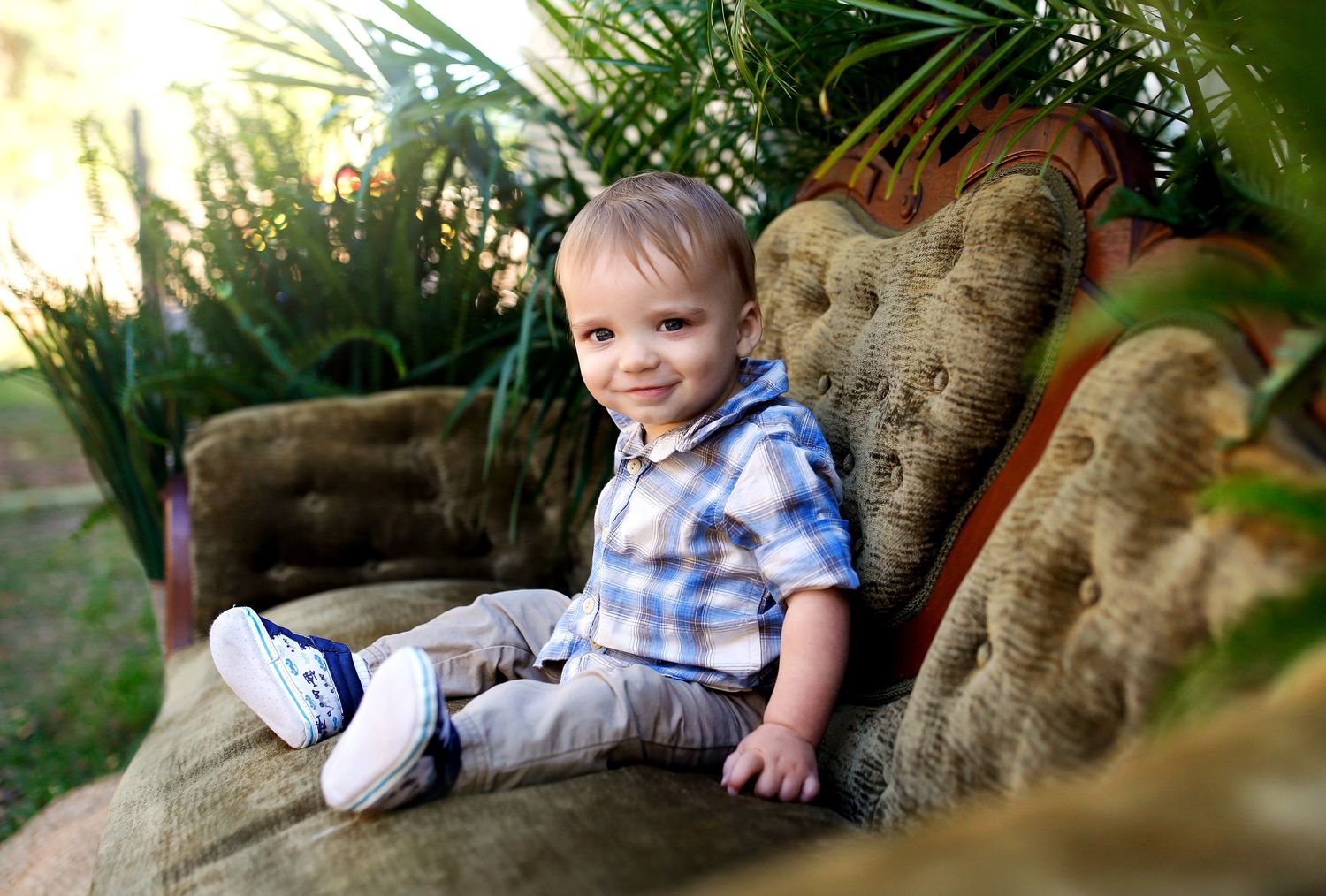 Series of playful poses on a weathered stone bench with natural sunlight filtering through leaves.