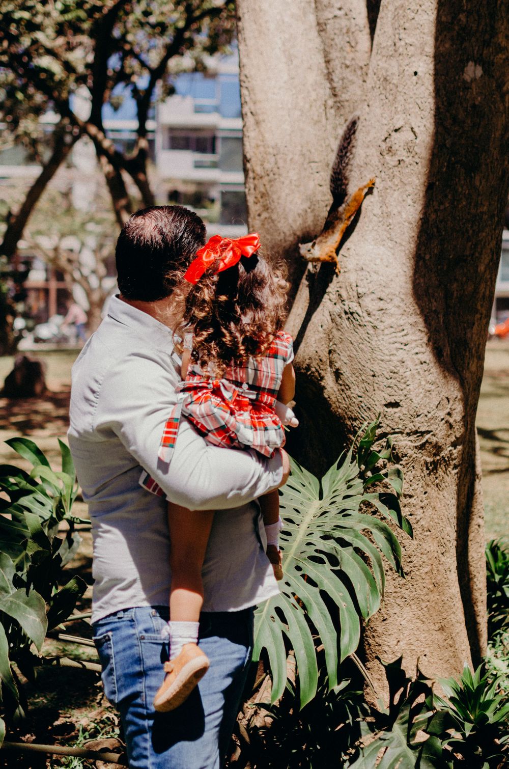 A parent lifts a child up to explore a tree trunk in a garden with large tropical leaves.