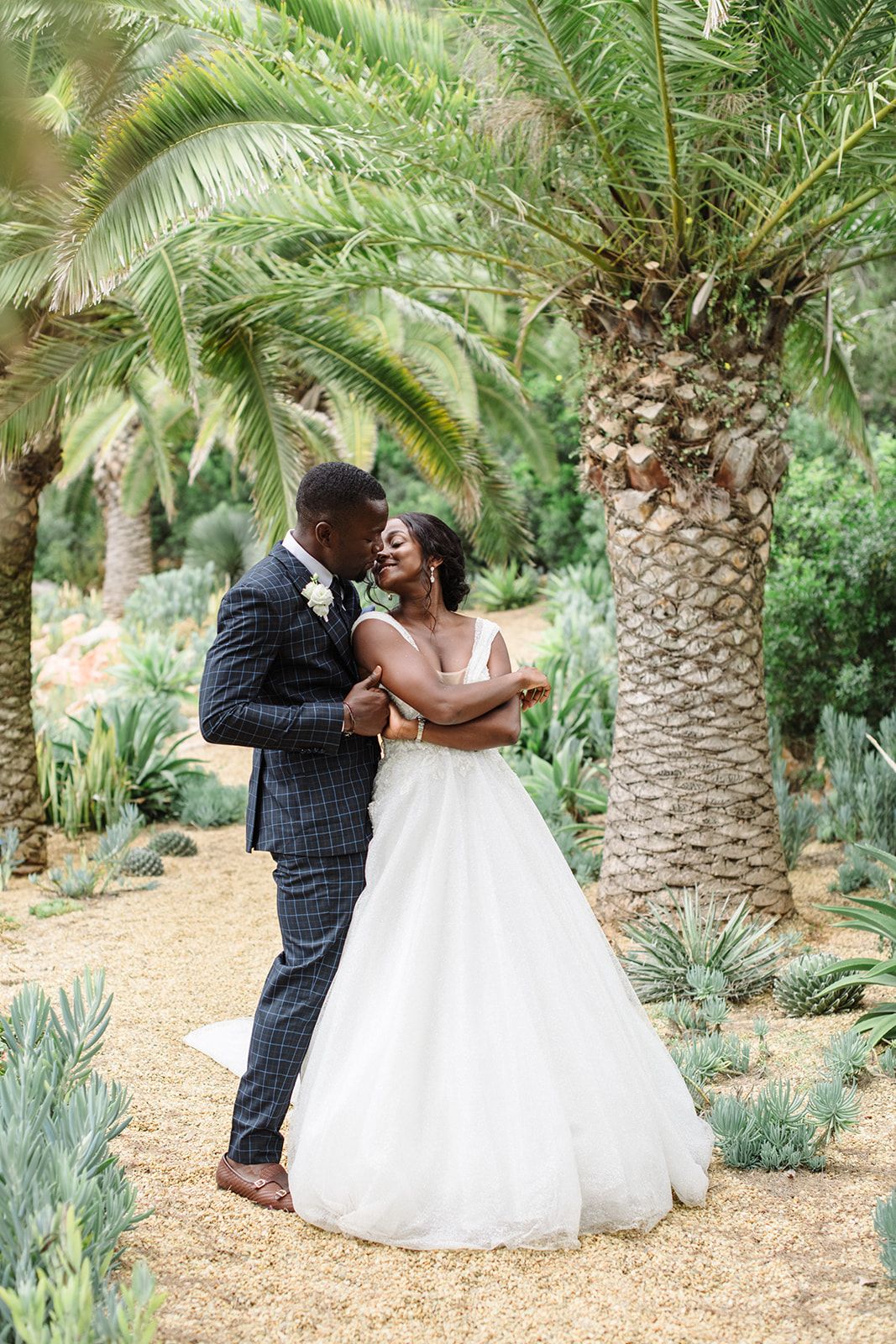 Groom embraces bride under in a cactus and palm tree garden