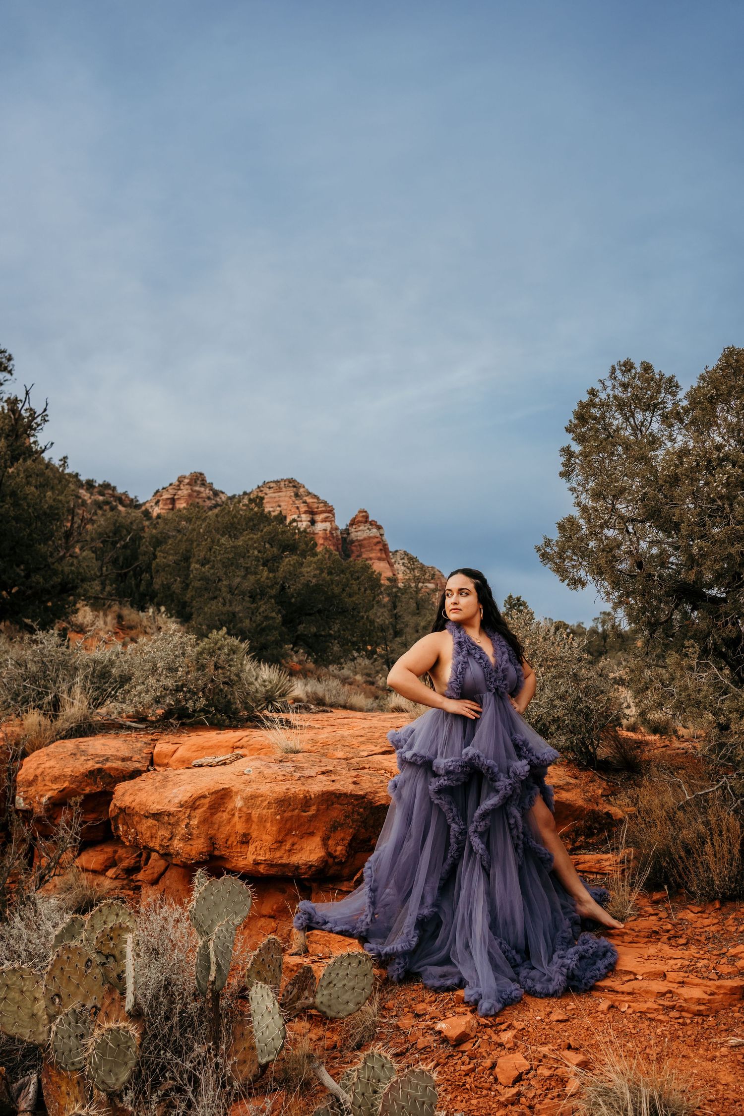 Dramatic purple gown flows against red rock formations in desert landscape.