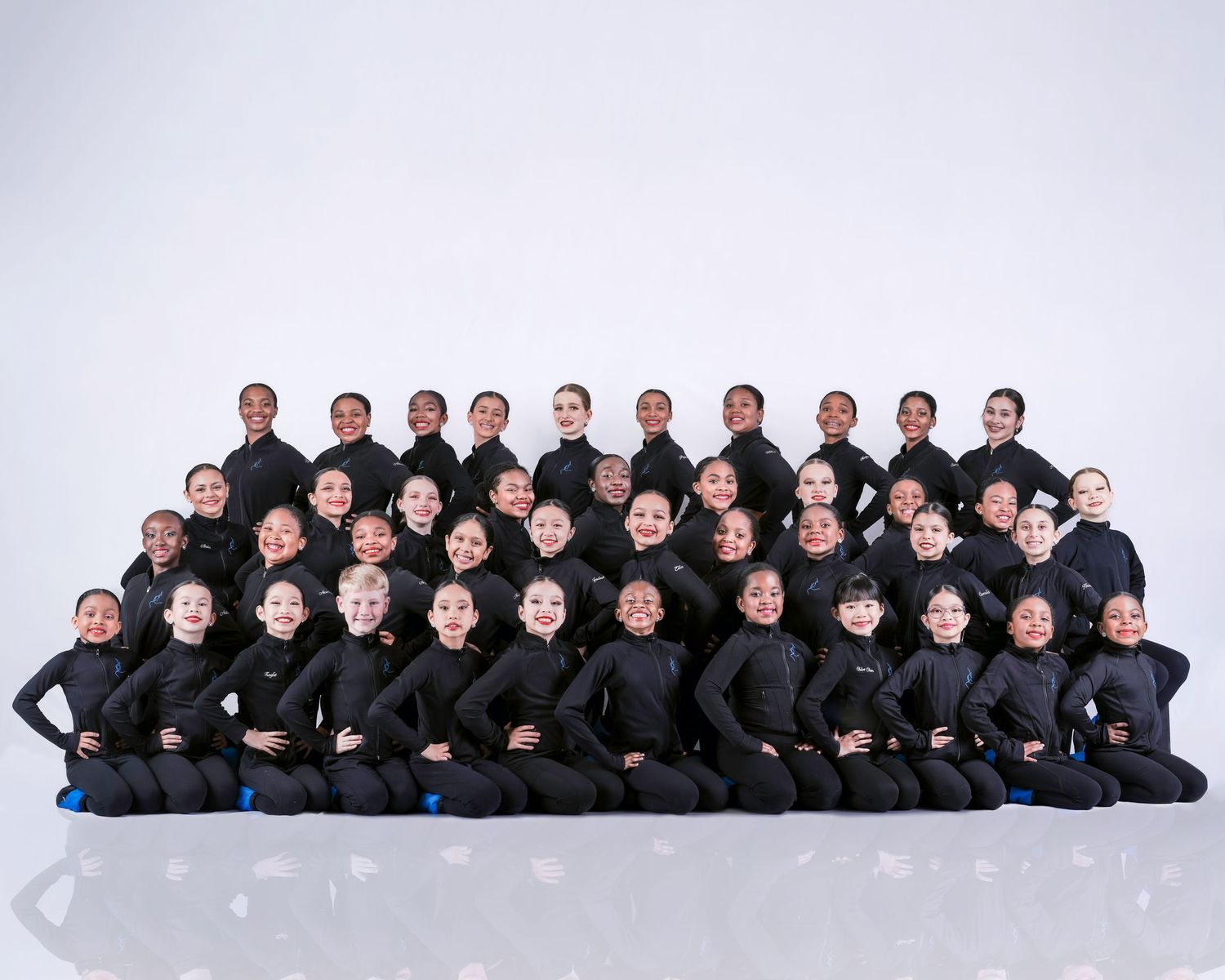 A group in matching black outfits poses together in formation for a formal dance company portrait.