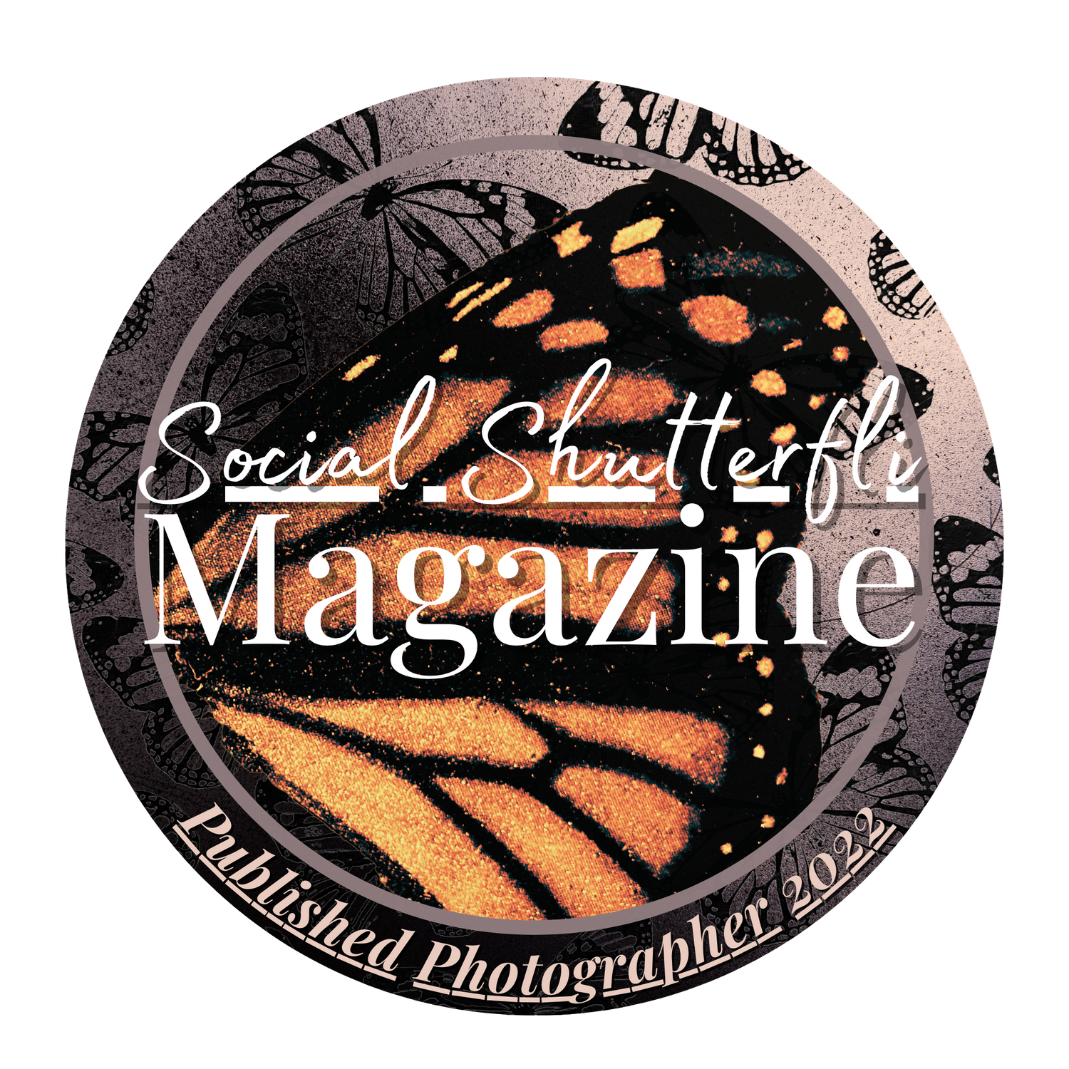 Circular logo design featuring a monarch butterfly wing pattern for Social Shutterfly Magazine.