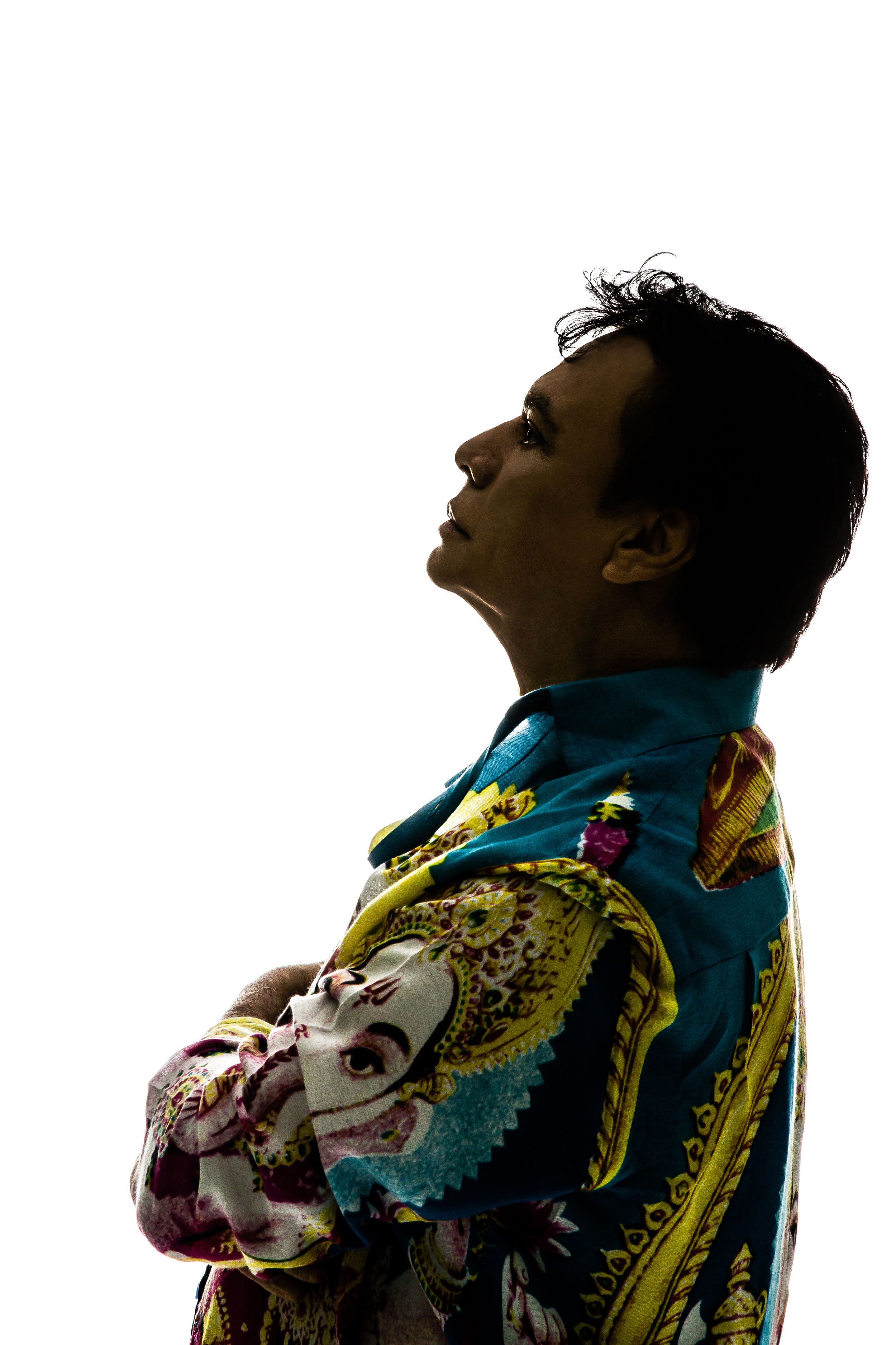 Artistic silhouette shot against white background showing performer in patterned costume.
