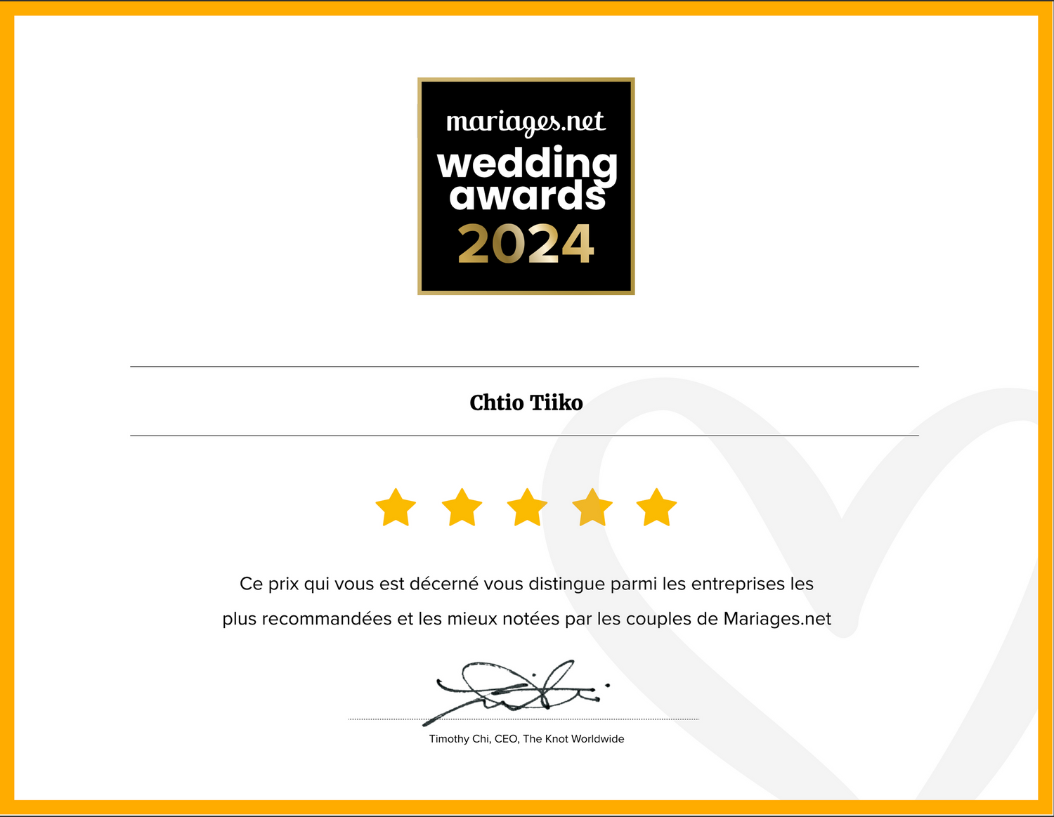 Chltio Tiiko Wedding Awards 2024 certificate from mariages.net with five gold stars.