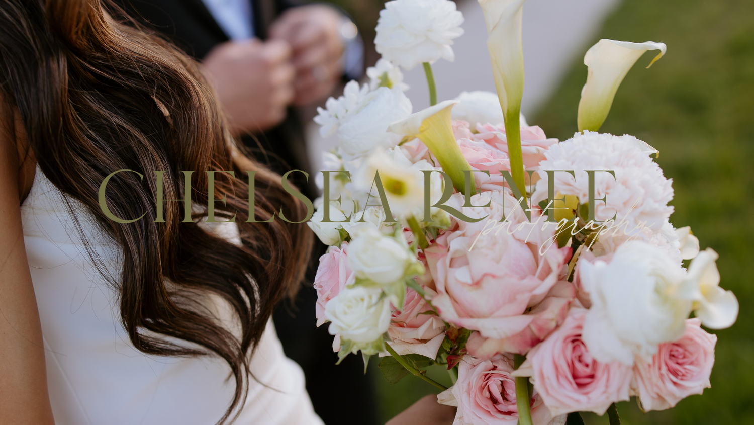 Close-up of delicate pink and white wedding bouquet with roses and calla lilies.