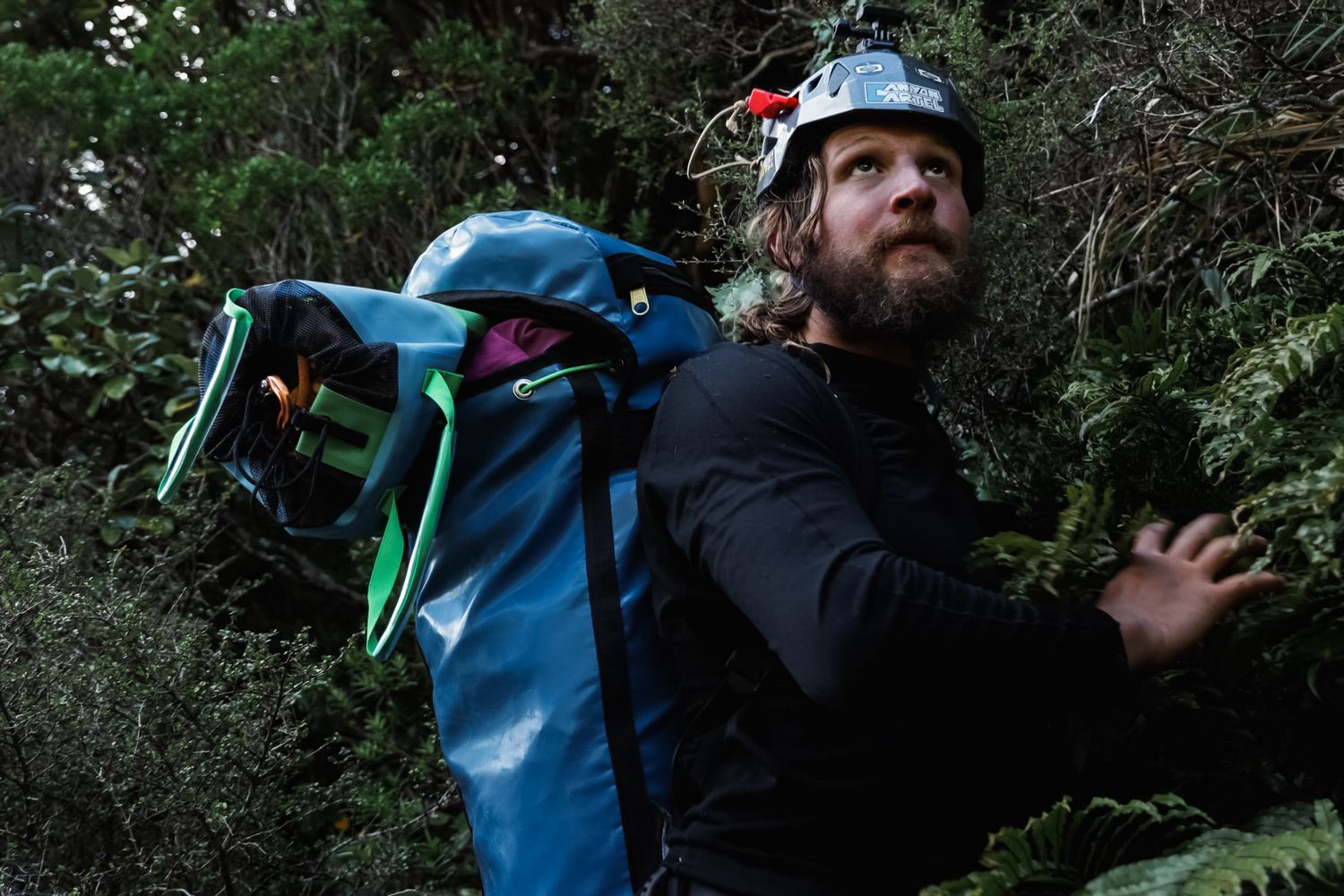 Adventure photographers carrying gear through dense forest environment.