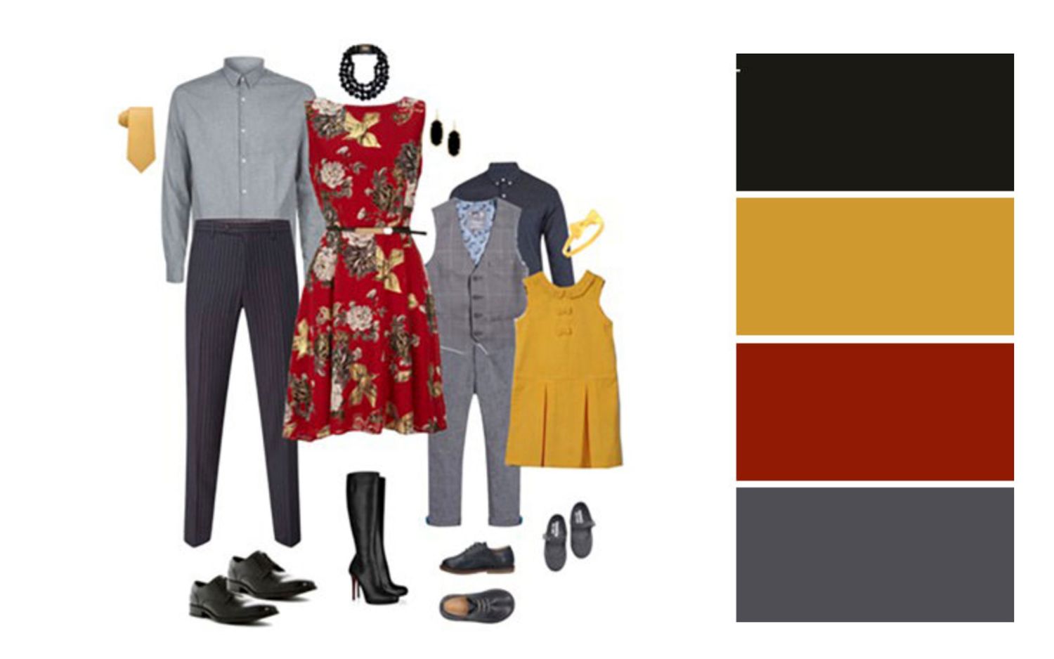 Family wardrobe selection featuring red, gold and grey tones with matching color palette.