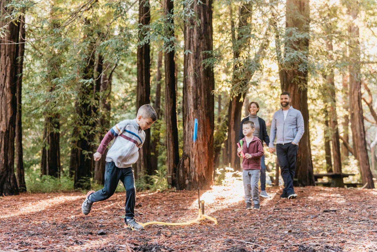 Children playing and running while family watches in a redwood forest setting.