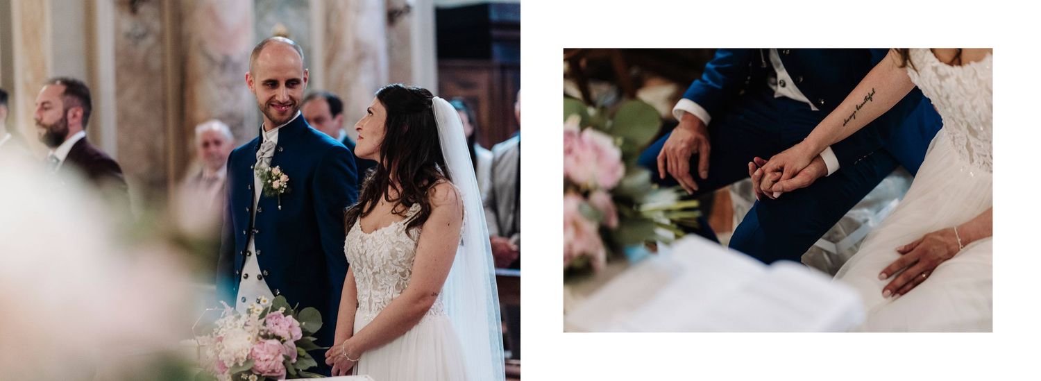 Bride and groom exchange vows at the altar, with a close-up of the ring exchange during their wedding ceremony.