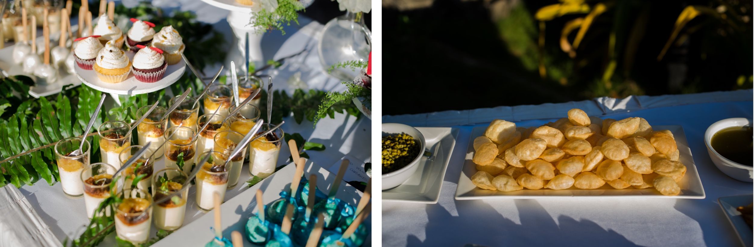 Elegant appetizer platters with bite-sized hors d'oeuvres arranged on white serving dishes.