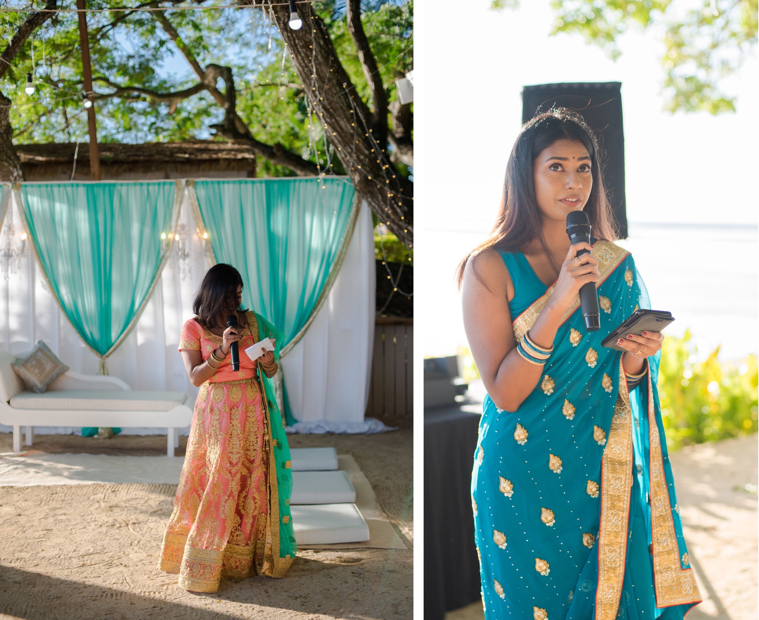 Event setup with turquoise curtains and traditional Indian attire against beach backdrop.