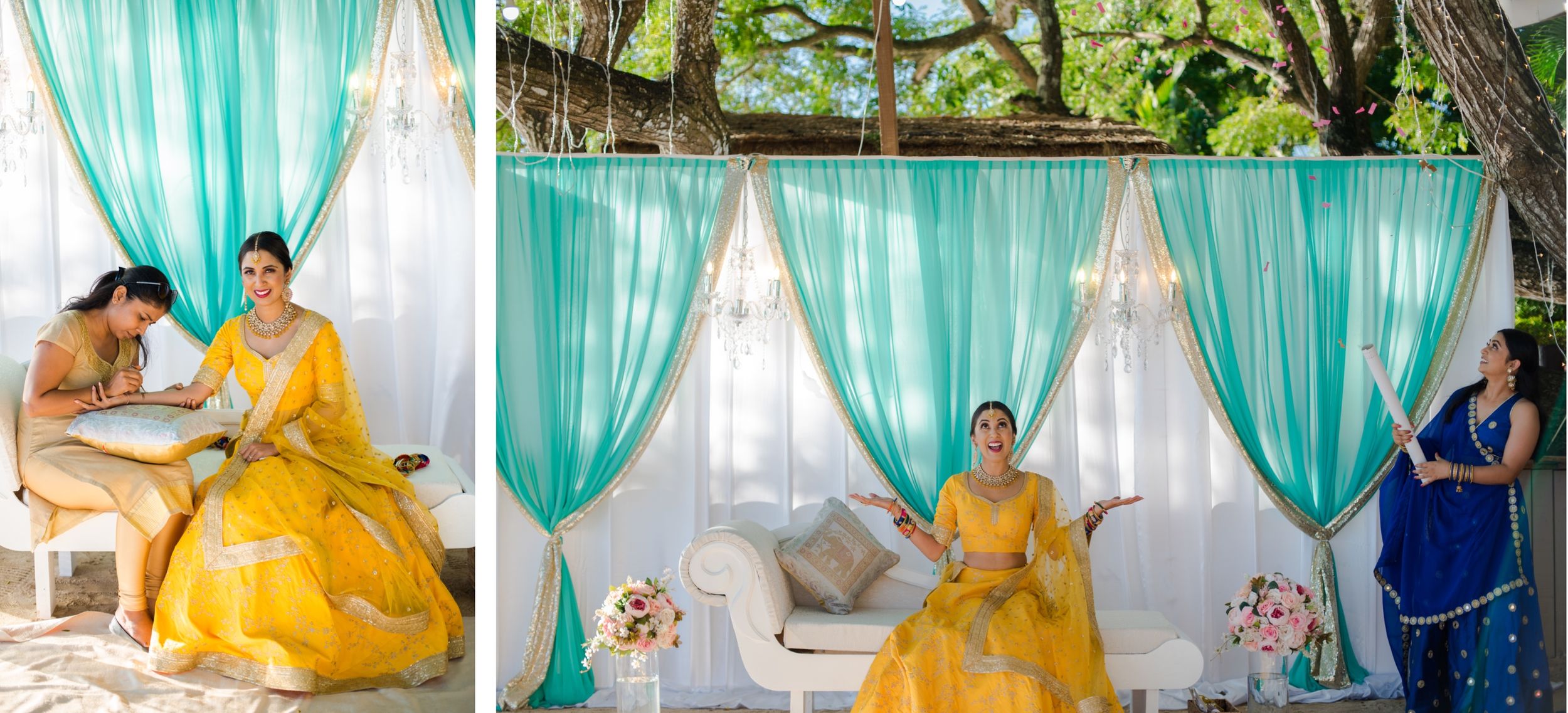 Wedding photo series showing turquoise draped backdrop and yellow traditional Indian attire.