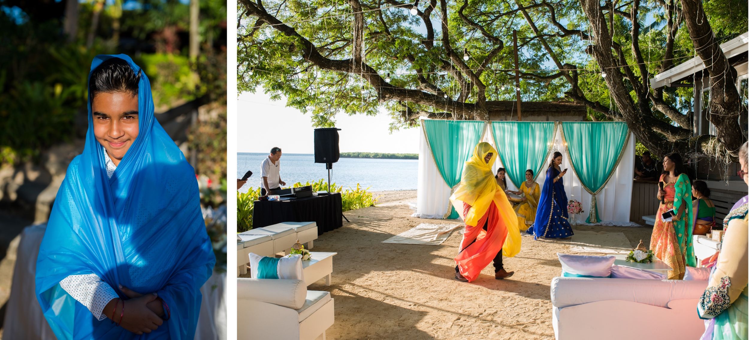 Performers in vibrant blue, yellow and purple outfits dance at an outdoor venue with ocean views.